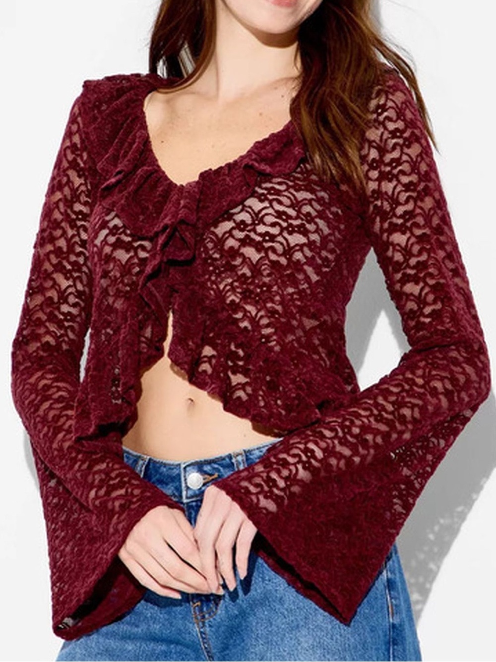 New Wild Fable Burgundy V-Neck Velvet Lace Bell Sleeve Caridgan Ruffle Top Small